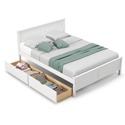 Full Size Platform Bed Frame with Storage Drawers & Solid Wood Headboard – Elegant White Design