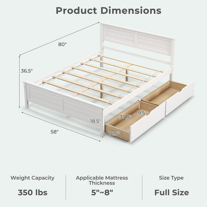 Full Size Platform Bed Frame with Storage Drawers & Solid Wood Headboard – Elegant White Design