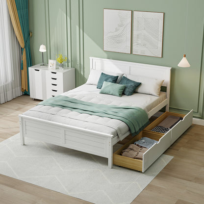 Full Size Platform Bed Frame with Storage Drawers & Solid Wood Headboard – Elegant White Design
