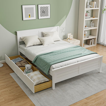 Full Size Platform Bed Frame with Storage Drawers & Solid Wood Headboard – Elegant White Design