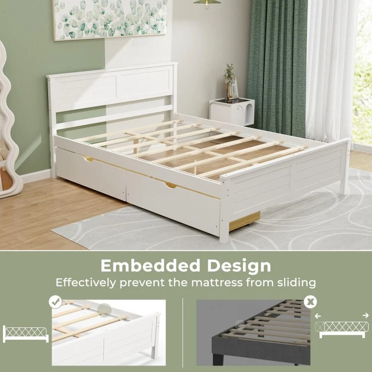 Full Size Platform Bed Frame with Storage Drawers & Solid Wood Headboard – Elegant White Design