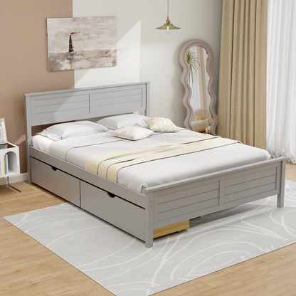 Full Size Platform Bed Frame with Storage Drawers & Solid Wood Headboard – Elegant Grey Design