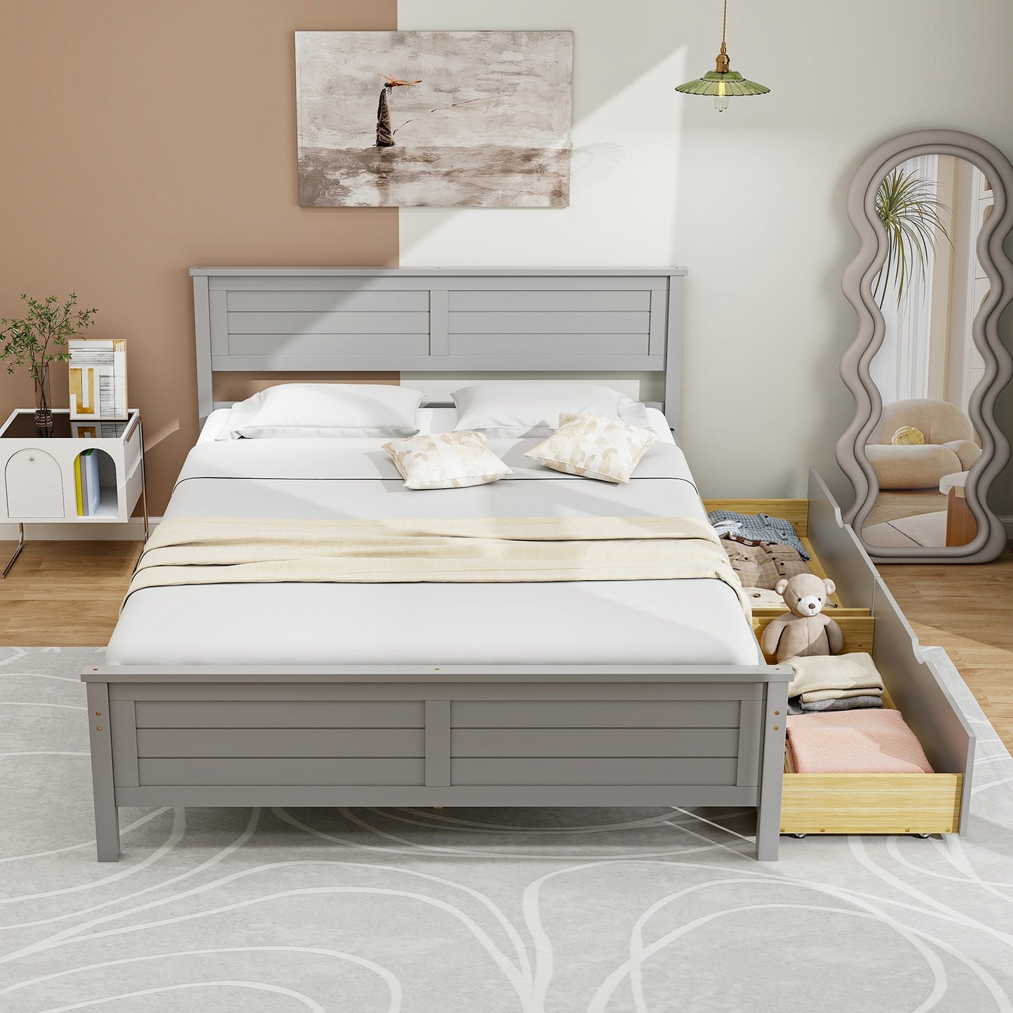 Full Size Platform Bed Frame with Storage Drawers & Solid Wood Headboard – Elegant Grey Design