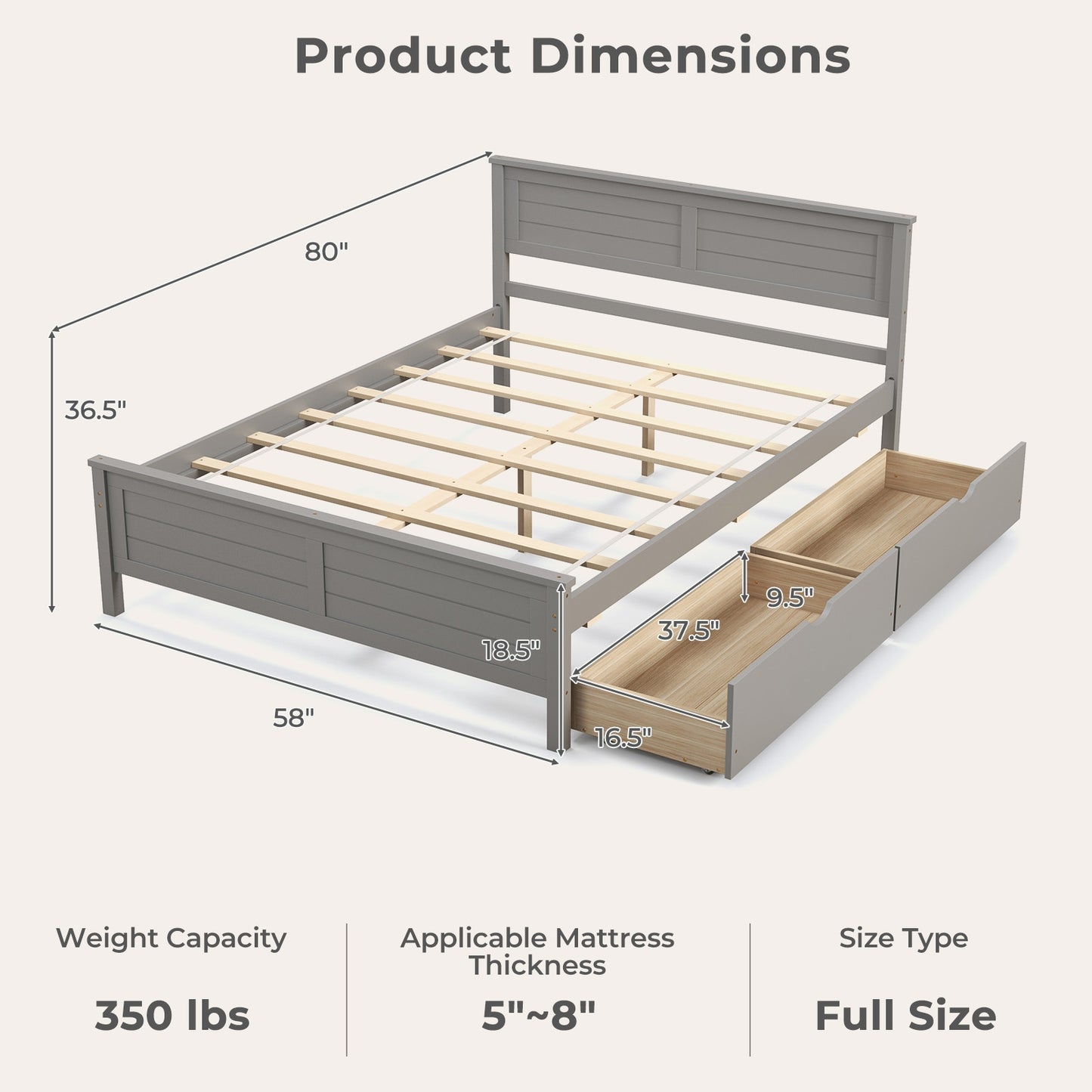 Full Size Platform Bed Frame with Storage Drawers & Solid Wood Headboard – Elegant Grey Design
