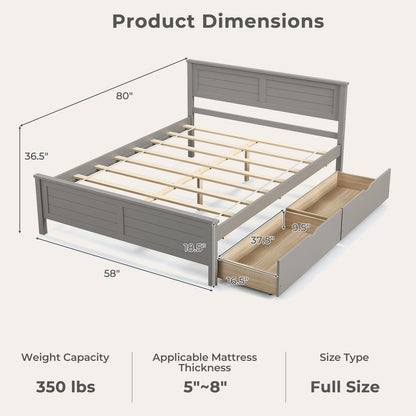 Full Size Platform Bed Frame with Storage Drawers & Solid Wood Headboard – Elegant Grey Design