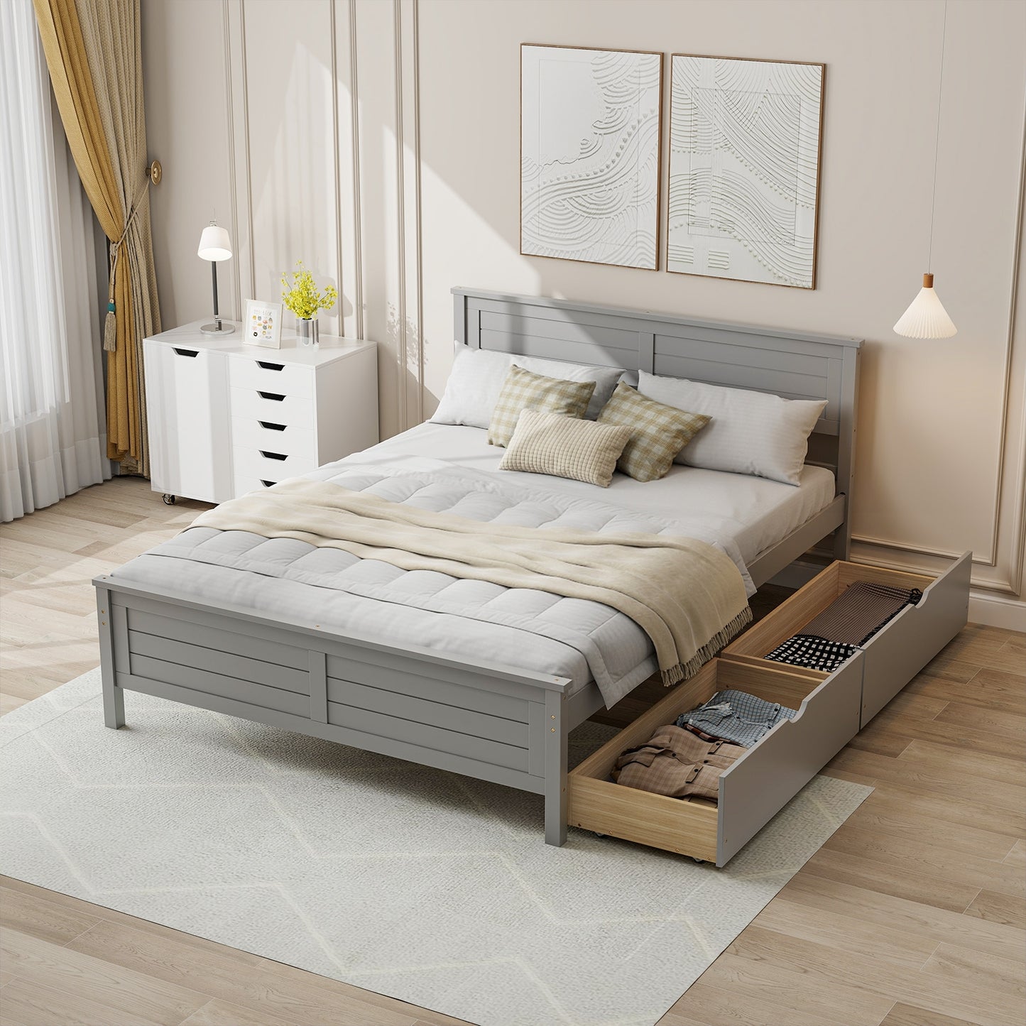 Full Size Platform Bed Frame with Storage Drawers & Solid Wood Headboard – Elegant Grey Design