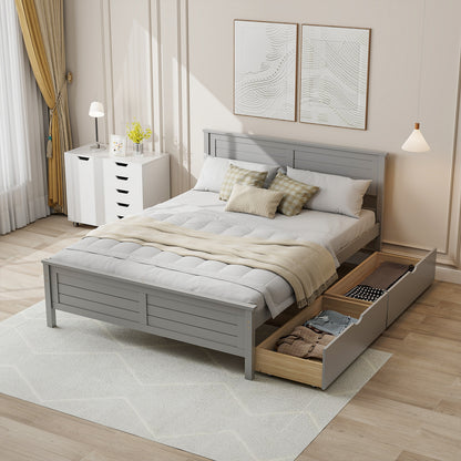 Full Size Platform Bed Frame with Storage Drawers & Solid Wood Headboard – Elegant Grey Design