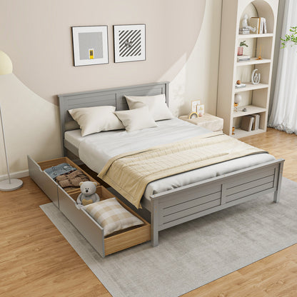 Full Size Platform Bed Frame with Storage Drawers & Solid Wood Headboard – Elegant Grey Design