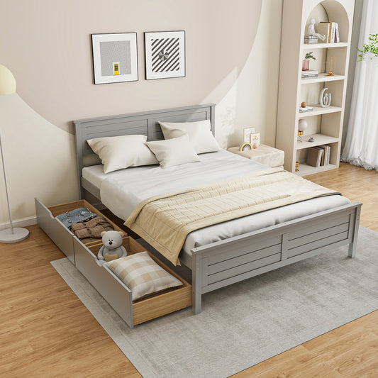 Full Size Platform Bed Frame with Storage Drawers & Solid Wood Headboard – Elegant Grey Design