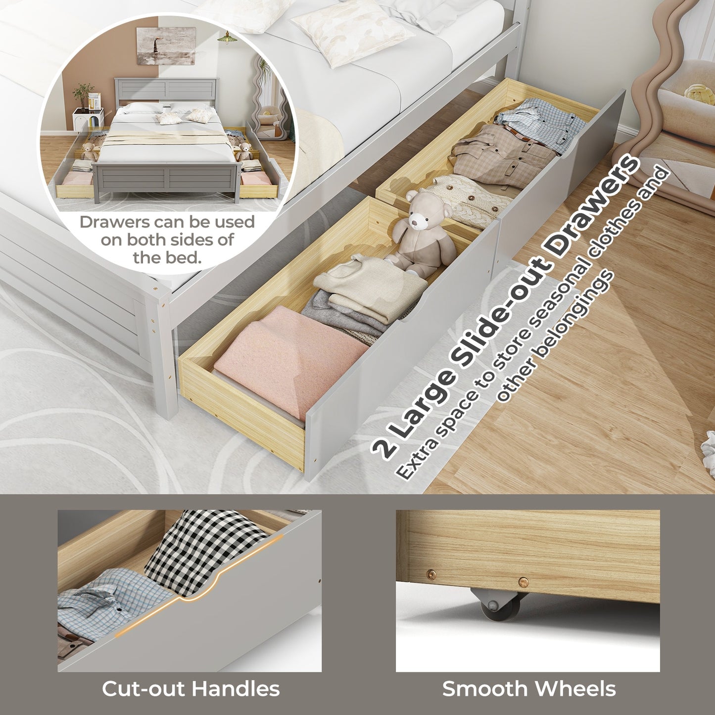 Full Size Platform Bed Frame with Storage Drawers & Solid Wood Headboard – Elegant Grey Design