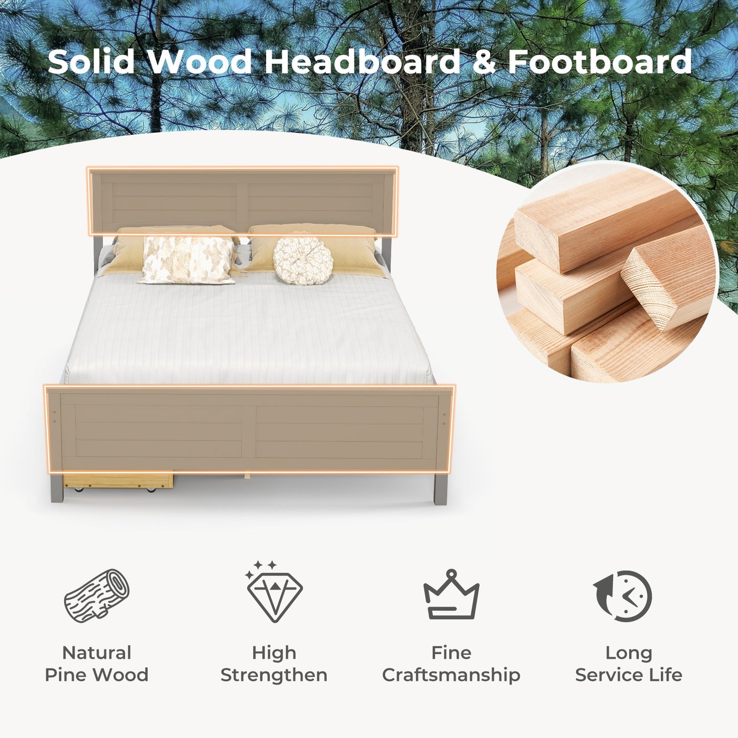 Full Size Platform Bed Frame with Storage Drawers & Solid Wood Headboard – Elegant Grey Design