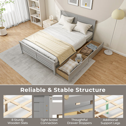 Full Size Platform Bed Frame with Storage Drawers & Solid Wood Headboard – Elegant Grey Design