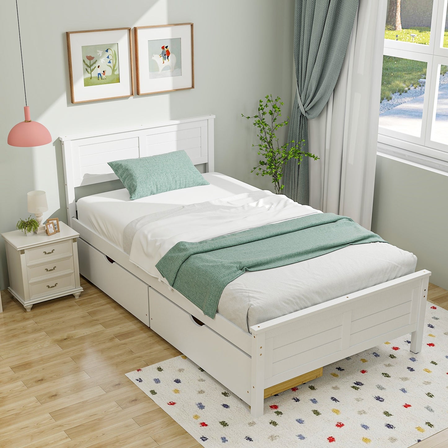 Twin Wooden Bed Frame with Storage Drawers and Headboard, White