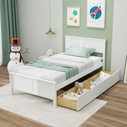 Twin Wooden Bed Frame with Storage Drawers and Headboard, White