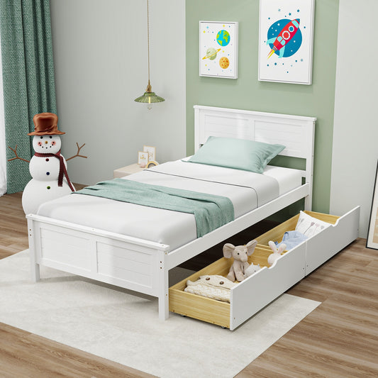 Twin Wooden Bed Frame with Storage Drawers and Headboard, White