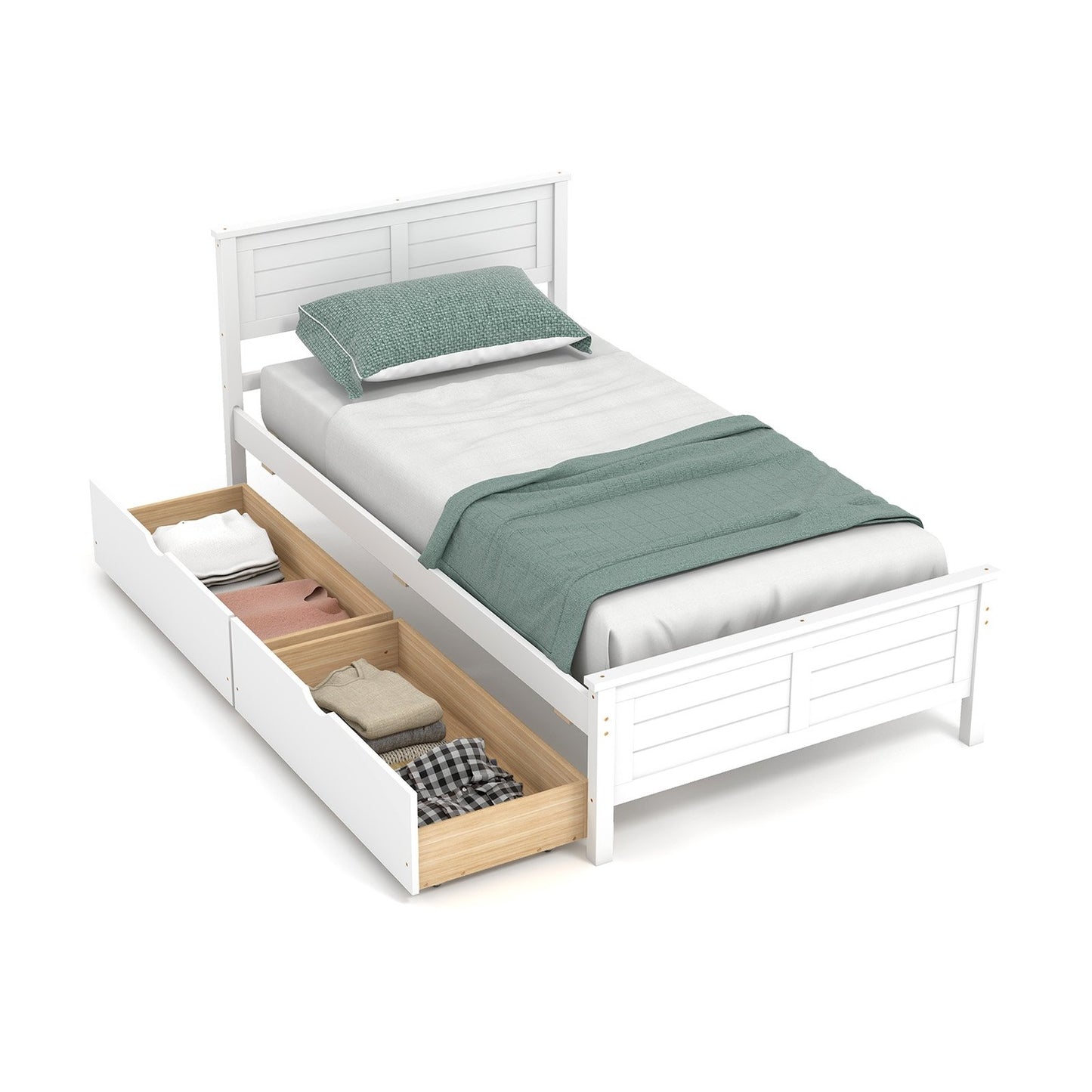 Twin Wooden Bed Frame with Storage Drawers and Headboard, White