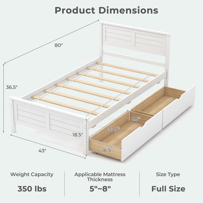 Twin Wooden Bed Frame with Storage Drawers and Headboard, White