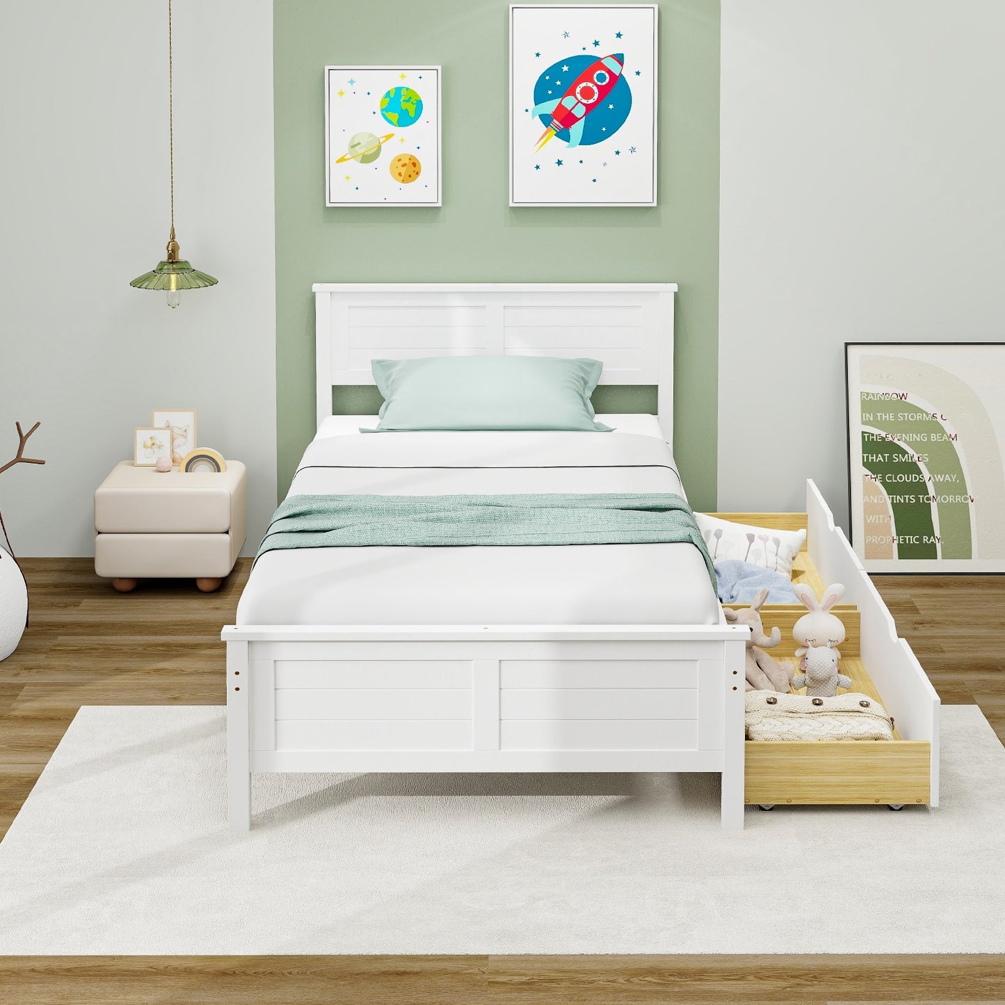 Twin Wooden Bed Frame with Storage Drawers and Headboard, White