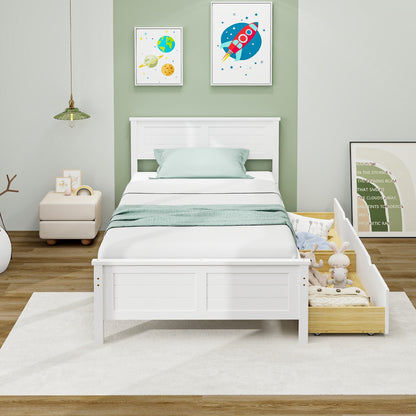 Twin Wooden Bed Frame with Storage Drawers and Headboard, White