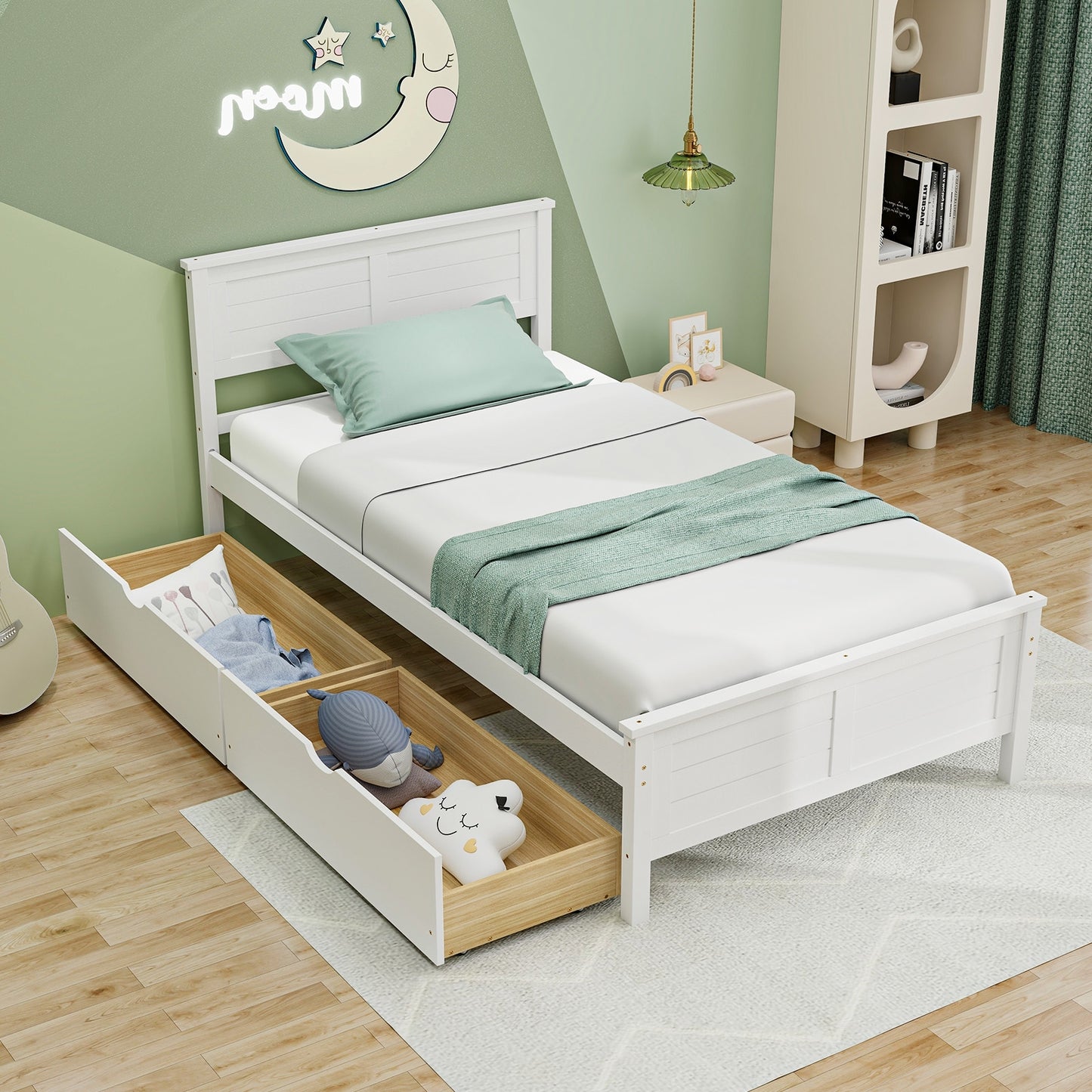 Twin Wooden Bed Frame with Storage Drawers and Headboard, White