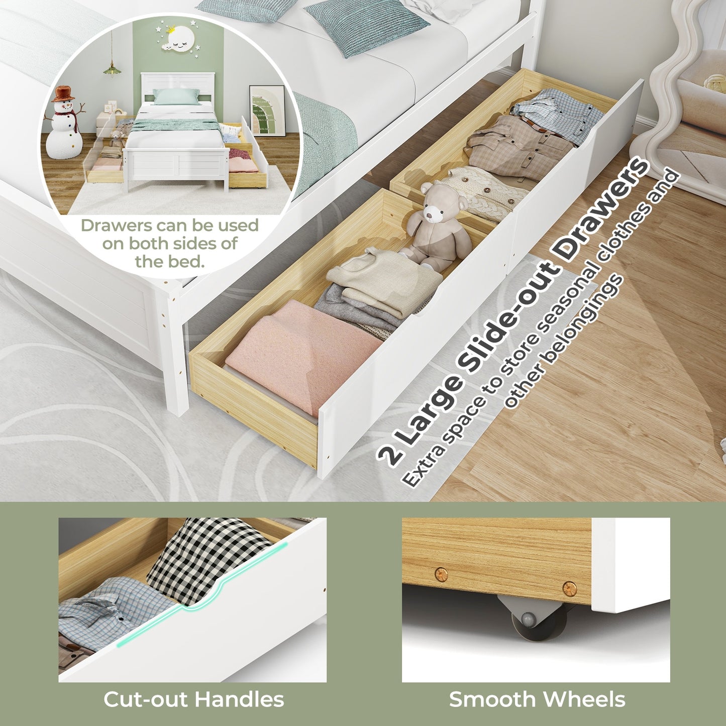Twin Wooden Bed Frame with Storage Drawers and Headboard, White