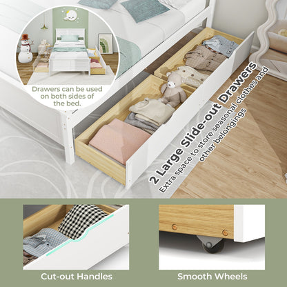 Twin Wooden Bed Frame with Storage Drawers and Headboard, White
