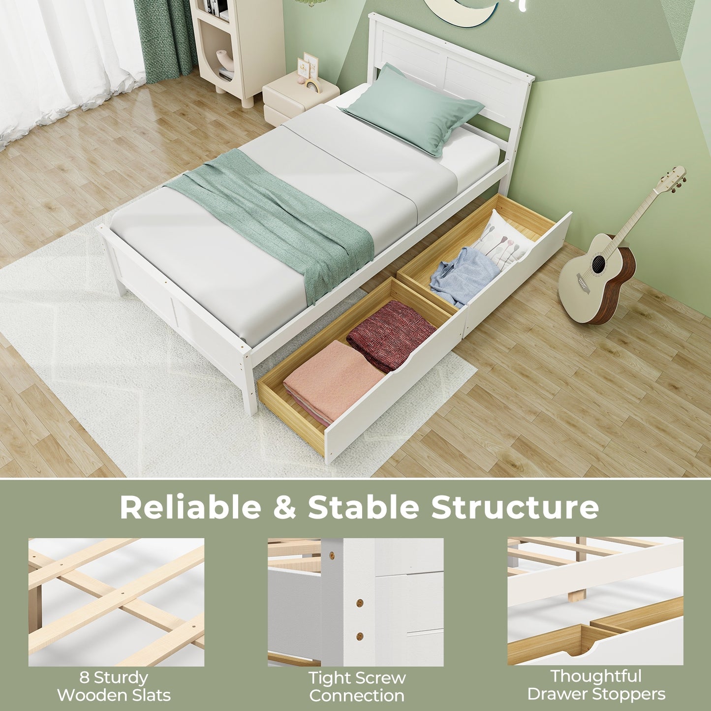 Twin Wooden Bed Frame with Storage Drawers and Headboard, White