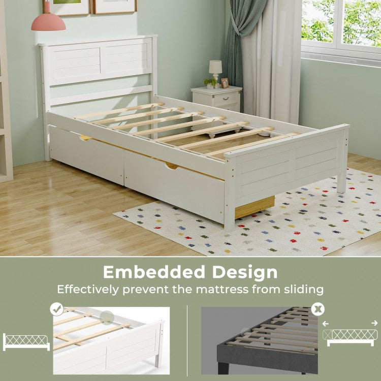 Twin Wooden Bed Frame with Storage Drawers and Headboard, White