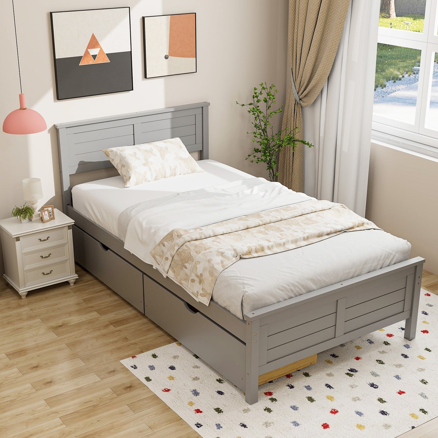 Twin Wooden Bed Frame with Storage Drawers and Headboard, Grey