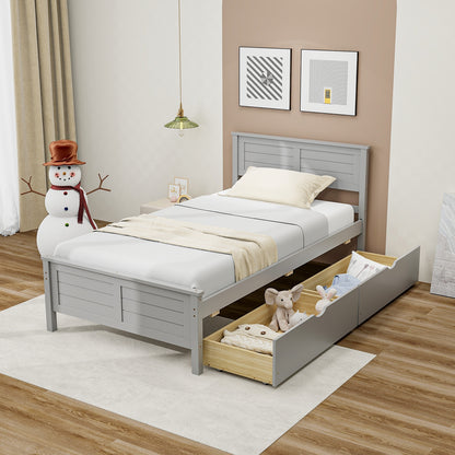 Twin Wooden Bed Frame with Storage Drawers and Headboard, Grey