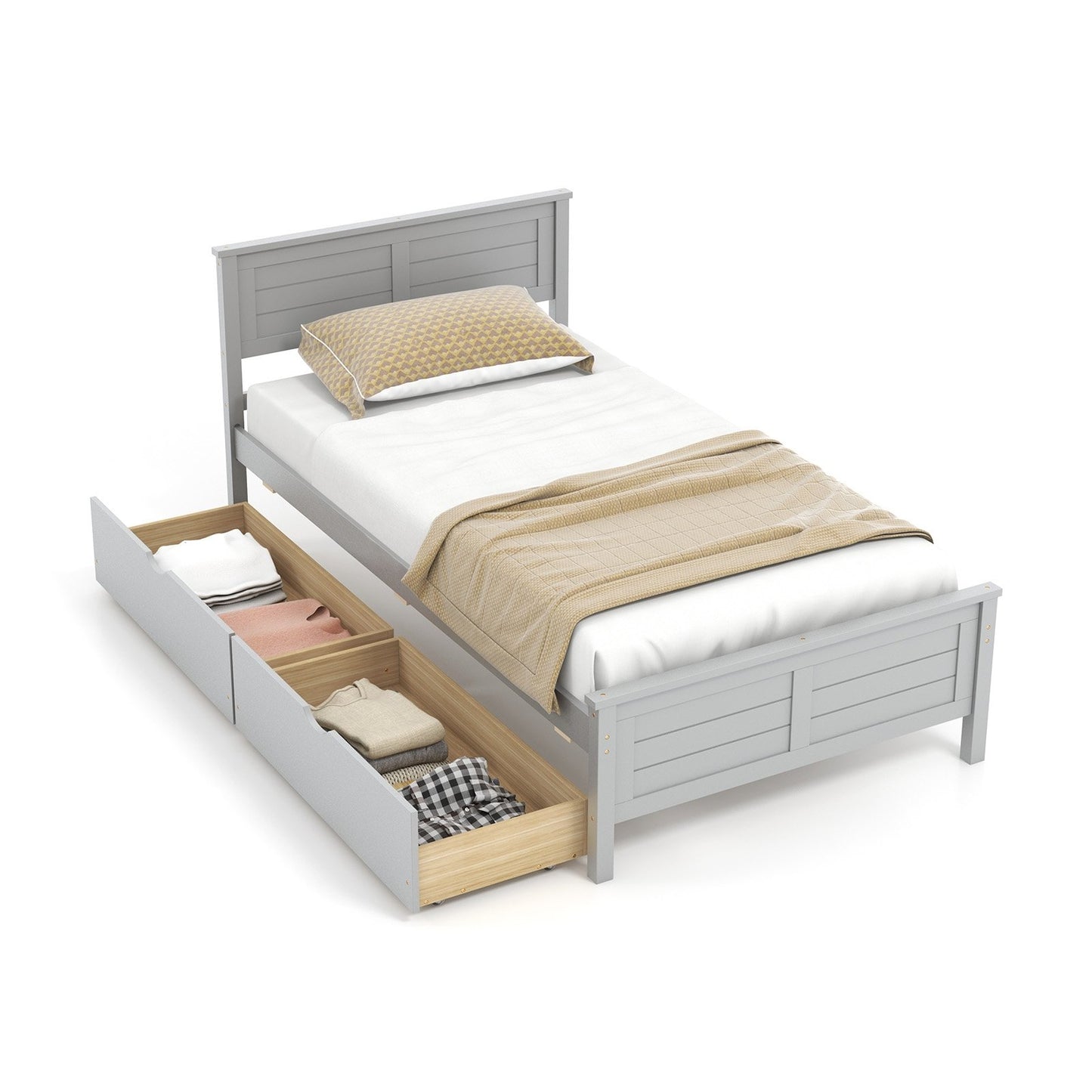 Twin Wooden Bed Frame with Storage Drawers and Headboard, Grey