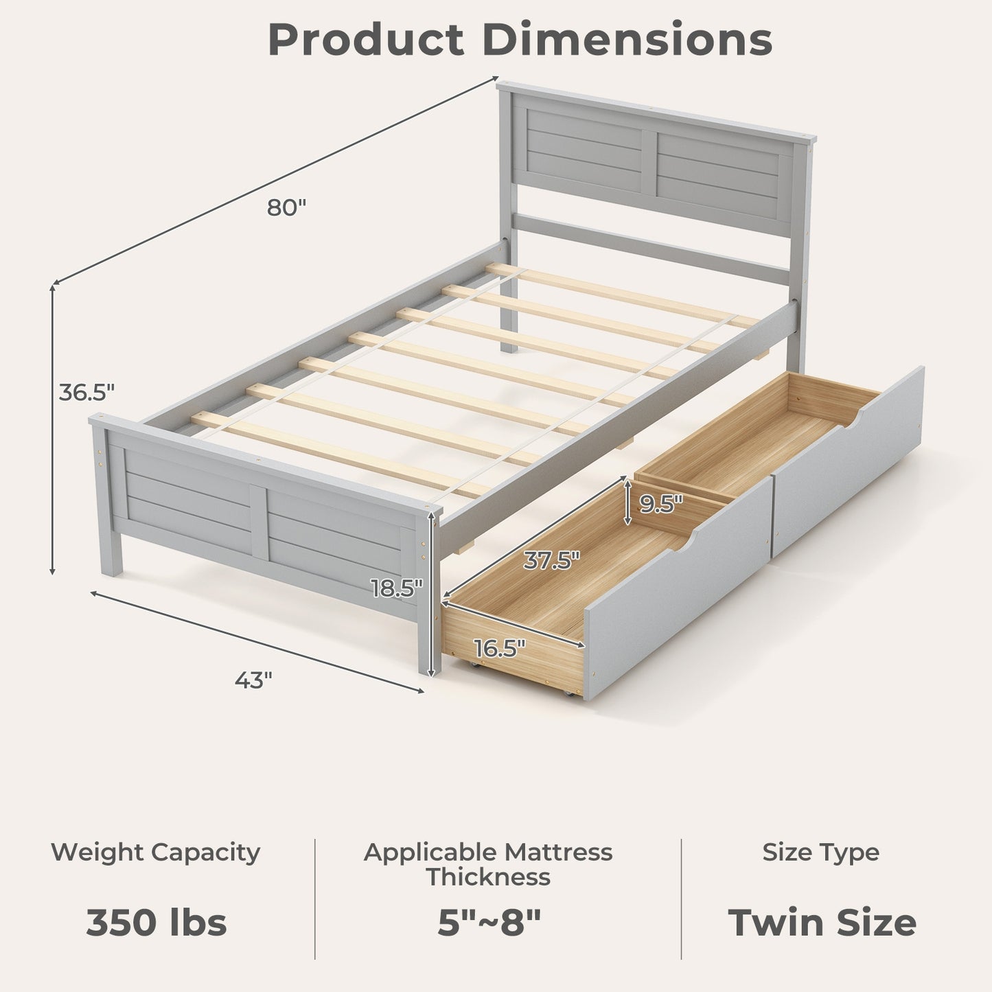 Twin Wooden Bed Frame with Storage Drawers and Headboard, Grey