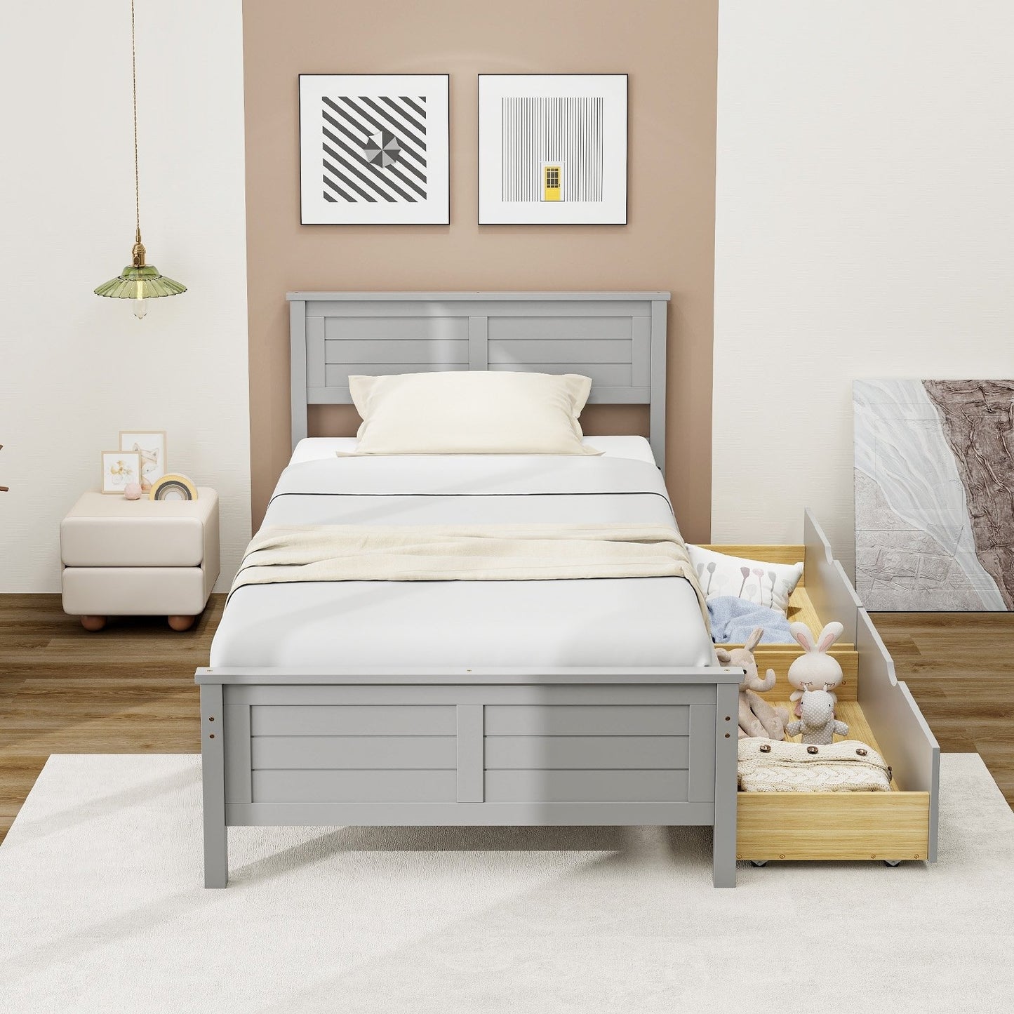 Twin Wooden Bed Frame with Storage Drawers and Headboard, Grey