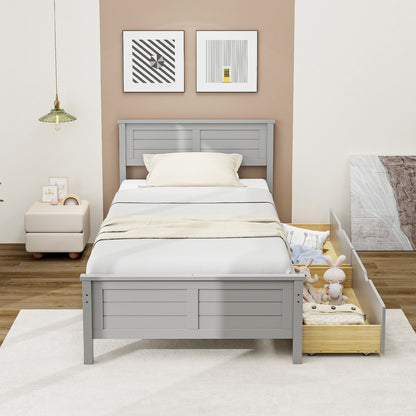 Twin Wooden Bed Frame with Storage Drawers and Headboard, Grey