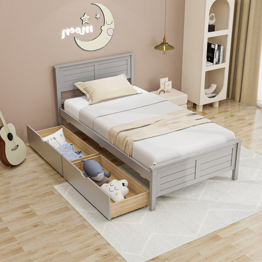 Twin Wooden Bed Frame with Storage Drawers and Headboard, Grey
