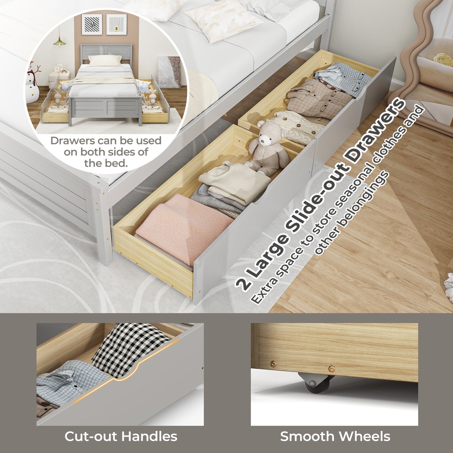 Twin Wooden Bed Frame with Storage Drawers and Headboard, Grey