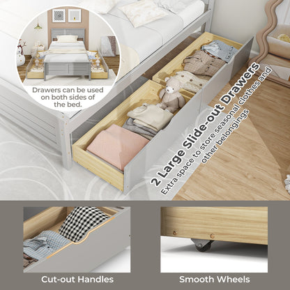 Twin Wooden Bed Frame with Storage Drawers and Headboard, Grey