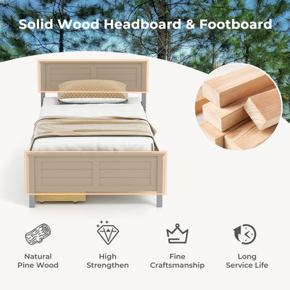 Twin Wooden Bed Frame with Storage Drawers and Headboard, Grey