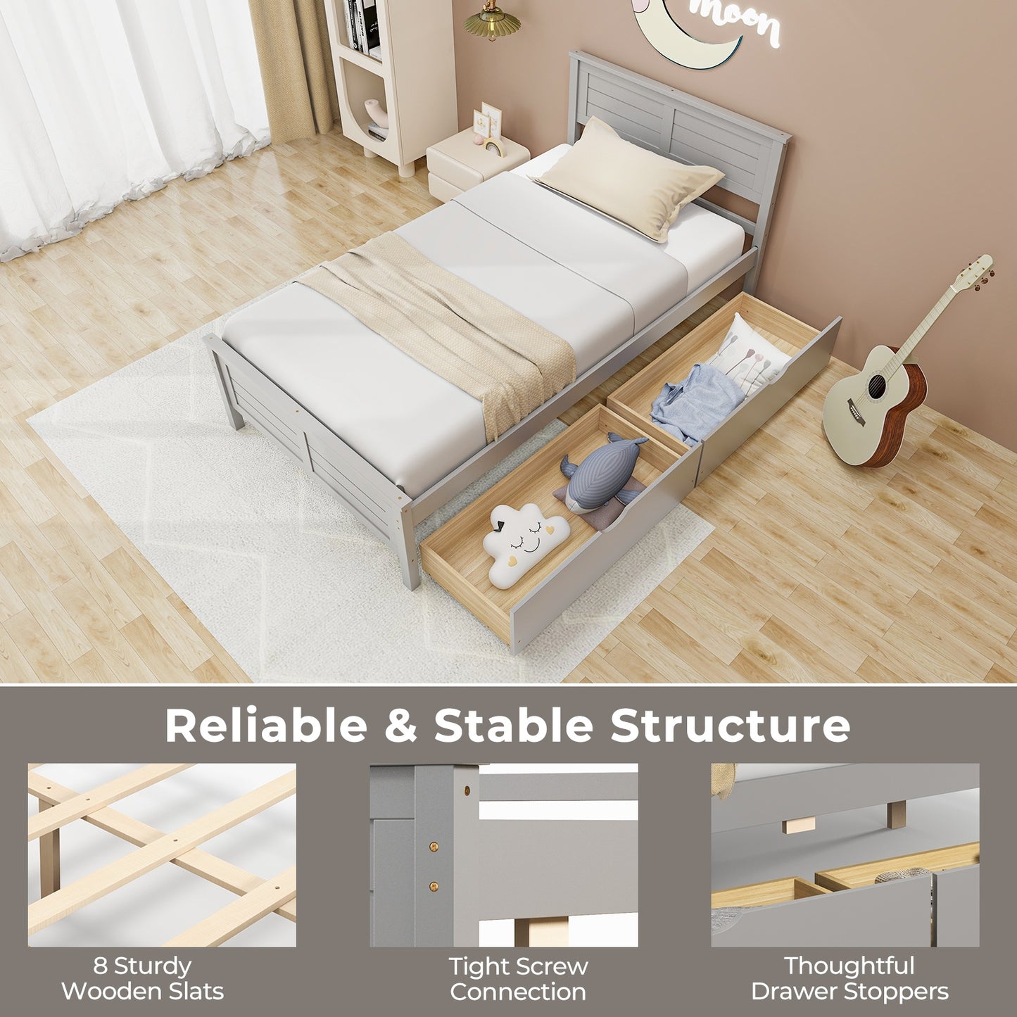Twin Wooden Bed Frame with Storage Drawers and Headboard, Grey