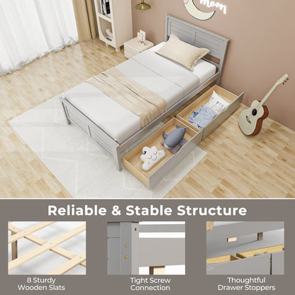 Twin Wooden Bed Frame with Storage Drawers and Headboard, Grey