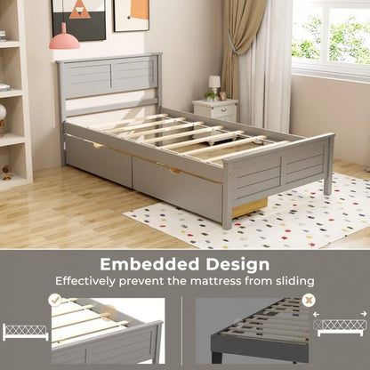 Twin Wooden Bed Frame with Storage Drawers and Headboard, Grey