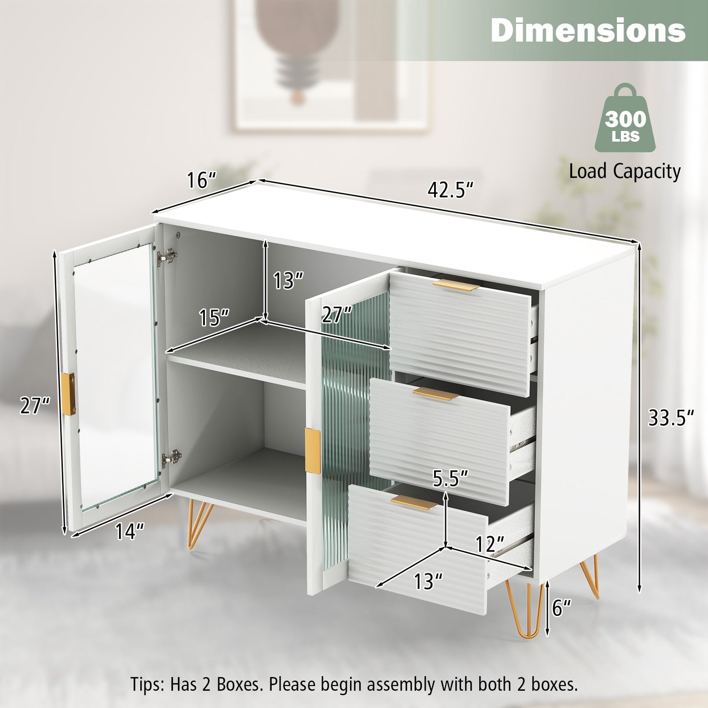 Contemporary Buffet Sideboard with 2 Cabinet Doors and 3 Drawers for Living and Dining Rooms