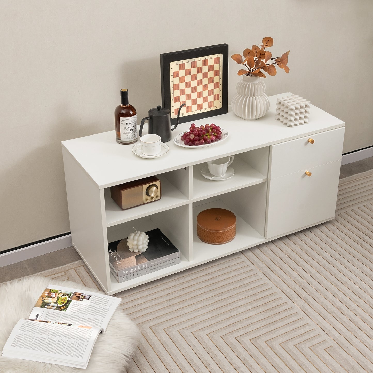 Versatile Storage Cabinet TV Console with 2 Drawers and 4 Cubes Fits TVs up to 49 Inches