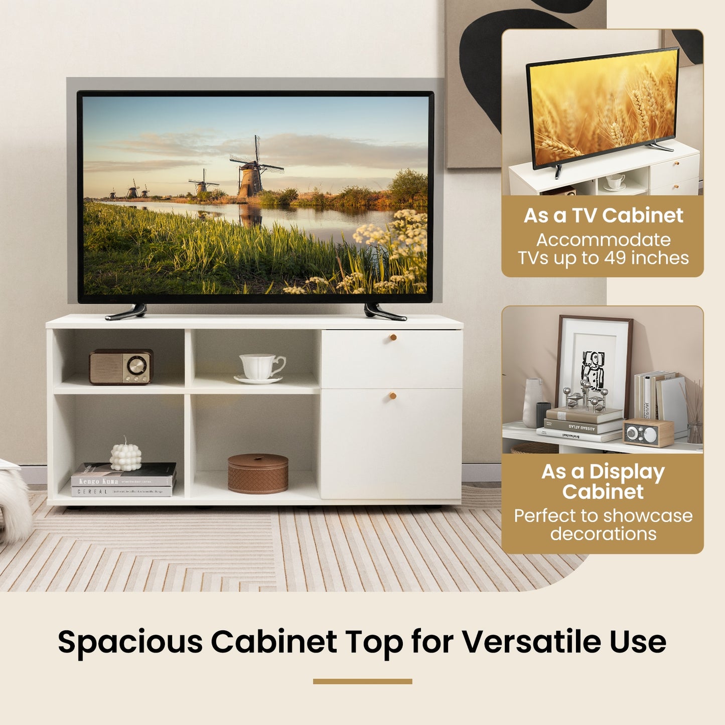 Versatile Storage Cabinet TV Console with 2 Drawers and 4 Cubes Fits TVs up to 49 Inches