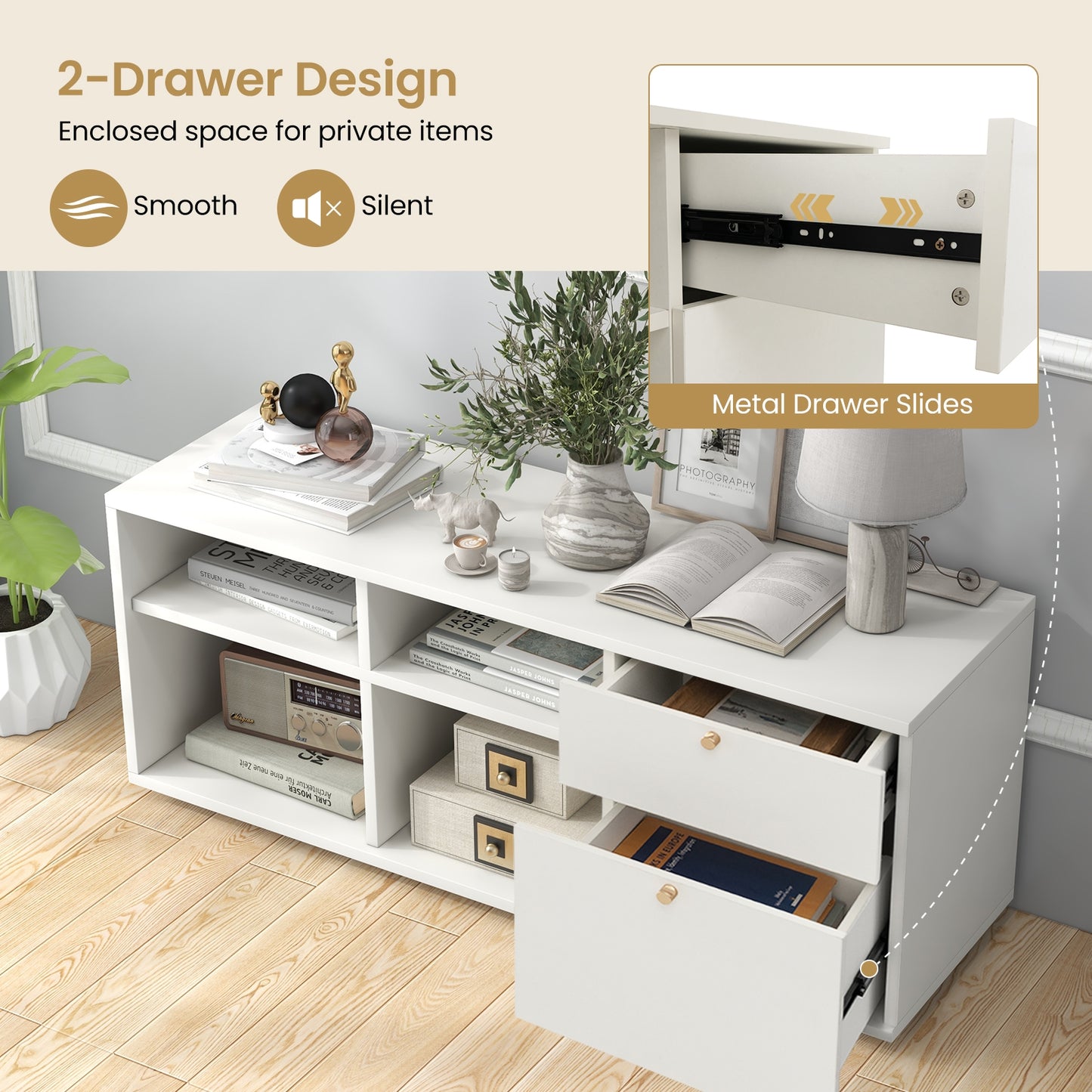 Versatile Storage Cabinet TV Console with 2 Drawers and 4 Cubes Fits TVs up to 49 Inches