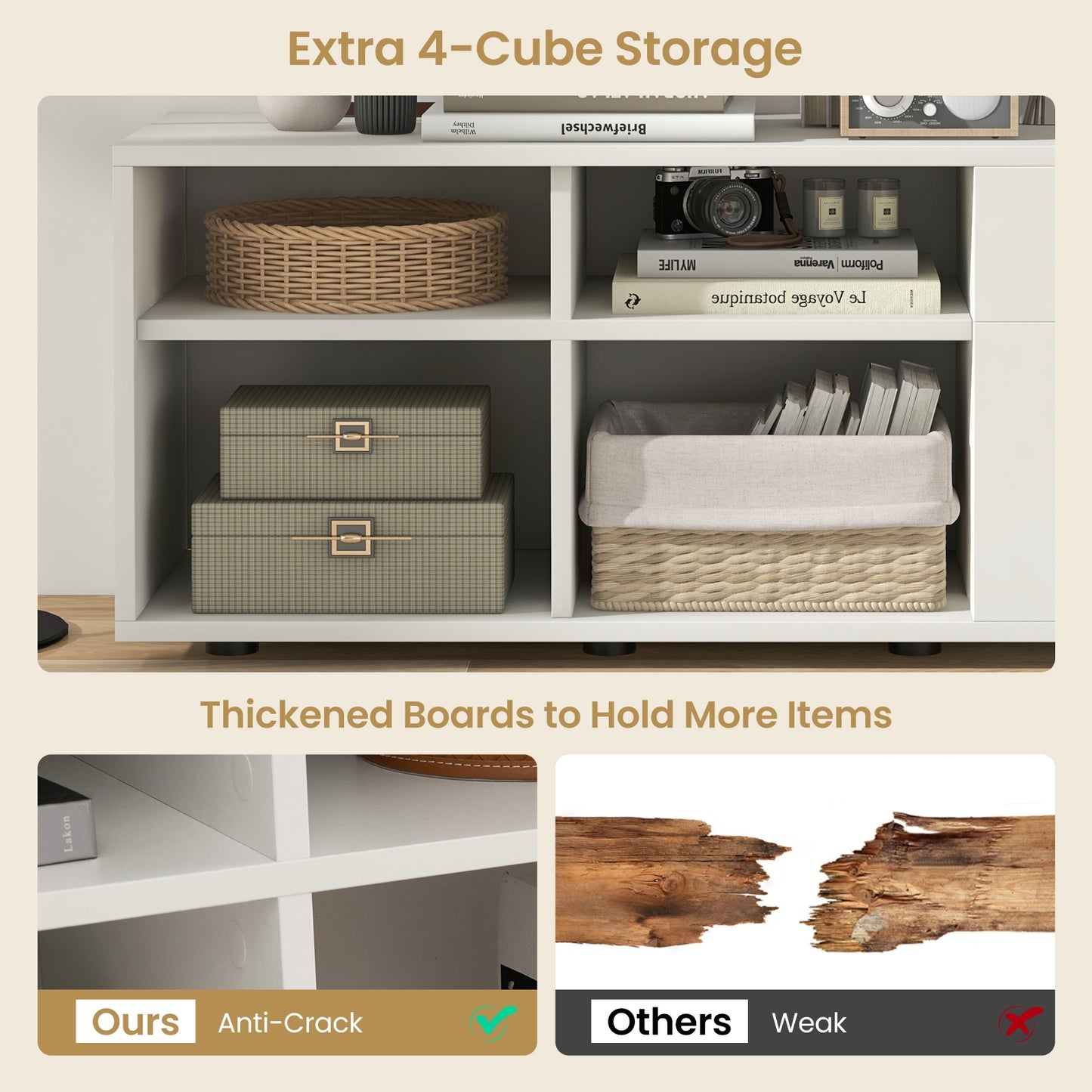Versatile Storage Cabinet TV Console with 2 Drawers and 4 Cubes Fits TVs up to 49 Inches