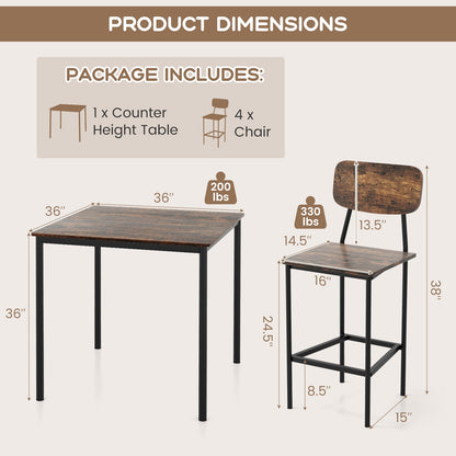 Modern 5 Piece Counter Height Dining Set with Square Table and 4 Bar Stools Coffee Finish