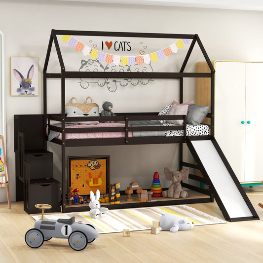 Whimsical Twin Loft Bed with Roof, Slide, and Storage Staircase for Kids - Espresso