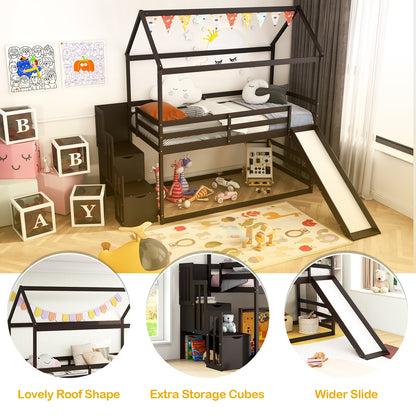 Whimsical Twin Loft Bed with Roof, Slide, and Storage Staircase for Kids - Espresso