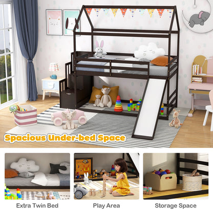 Whimsical Twin Loft Bed with Roof, Slide, and Storage Staircase for Kids - Espresso
